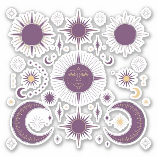 Gold & Lila Boho Celestial Sun & Moon Scrapbook Aufkleber (Vorderseite)