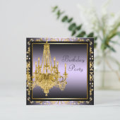 Gold Lila Chandelier Birthday Party Einladung (Stehend Vorderseite)