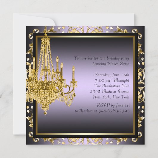 Gold Lila Chandelier Birthday Party Einladung (Rückseite)