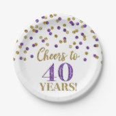 Gold Lila Confetti Cheers to 40 Years Birthday Pappteller (Vorderseite)