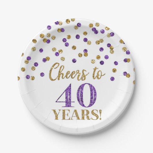 Gold Lila Confetti Cheers to 40 Years Birthday Pappteller (Vorderseite)