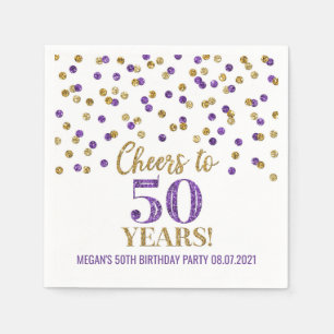 Gold Lila Confetti Cheers to 50 Years Geburtstag Serviette