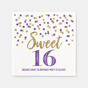 Gold Lila Confetti Sweet 16 Geburtstag Serviette