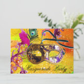 GOLD LILA DAMASK FEATHER MASK Masquerade Party Einladung (Stehend Vorderseite)