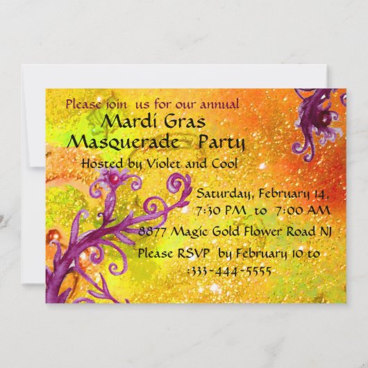GOLD LILA DAMASK FEATHER MASK Masquerade Party Einladung (Rückseite)