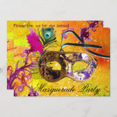 GOLD LILA DAMASK FEATHER MASK Masquerade Party Einladung (Vorne/Hinten)