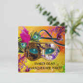 GOLD LILA DAMASK FEATHER MASK Masquerade Party Einladung (Stehend Vorderseite)