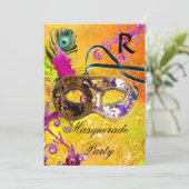 GOLD LILA DAMASK FEATHER MASK Masquerade Party Einladung (Stehend Vorderseite)