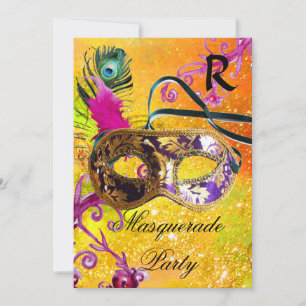 GOLD LILA DAMASK FEATHER MASK Masquerade Party Einladung