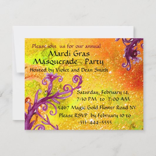 GOLD LILA DAMASK FEATHER MASK Masquerade Party Einladung (Rückseite)