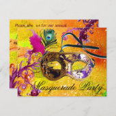 GOLD LILA DAMASK FEATHER MASK Masquerade Party Einladung (Vorne/Hinten)
