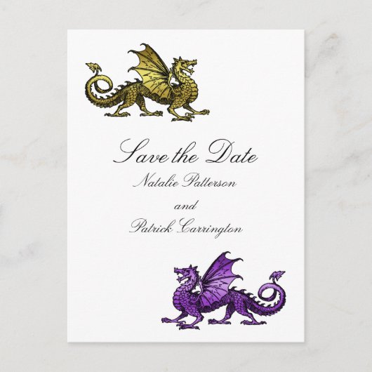 Gold Lila Dragon Save the Date Postkarte (Vorderseite)