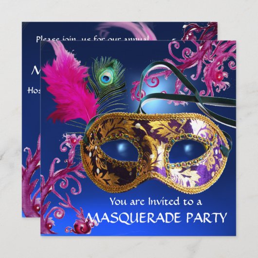 GOLD LILA FEATHER DAMASK MASK Masquerade Party Einladung (Vorne/Hinten)
