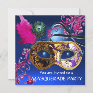 GOLD LILA FEATHER DAMASK MASK Masquerade Party Einladung