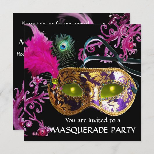 GOLD LILA FEATHER DAMASK MASK Masquerade Party Einladung (Vorne/Hinten)