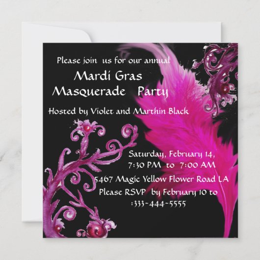 GOLD LILA FEATHER DAMASK MASK Masquerade Party Einladung (Rückseite)