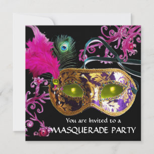 GOLD LILA FEATHER DAMASK MASK Masquerade Party Einladung
