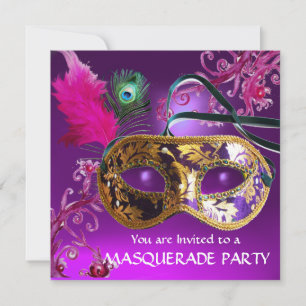 GOLD LILA FEATHER DAMASK MASK Masquerade Party Einladung