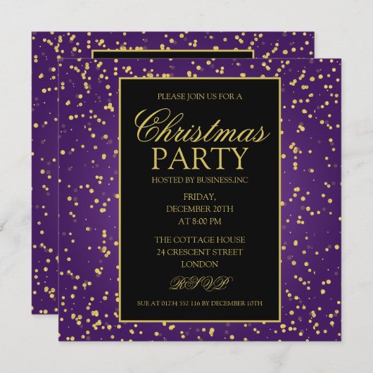Gold Lila Foil Glitzer Dots Weihnachtsfest Party Einladung (Vorne/Hinten)