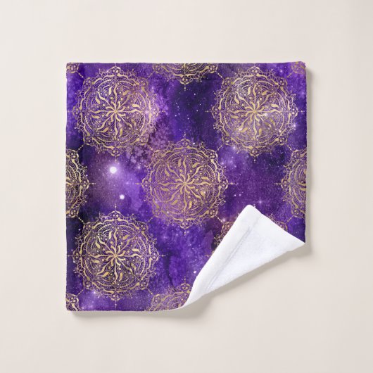 Gold & Lila Galaxy Dharma Mandala Muster Badhandtuch Set (Waschlappen)