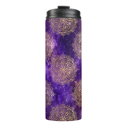 Gold & Lila Galaxy Dharma Mandala Muster Thermosbecher (Vorderseite)