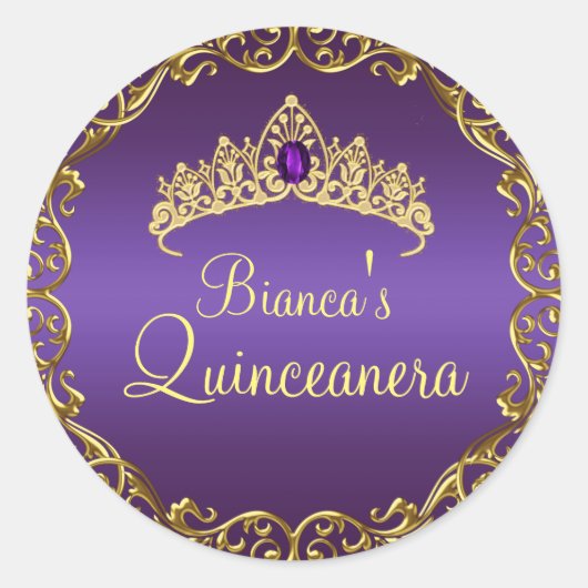 Gold & Lila Gem Tiara Quinceanera Sticker (Vorderseite)