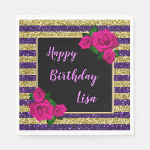 Gold Lila Glitter Streifen Rosa Rosen Geburtstag Serviette