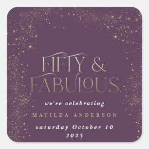 Gold lila Glitzer 50 und fabelhafte Geburtstagspar Quadratischer Aufkleber