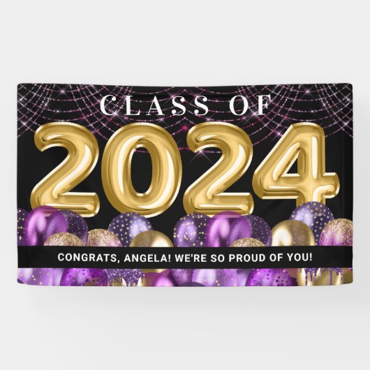Gold Lila Glitzer Class of 2024 Abschluss Banner (Horizontal)