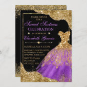Gold & Lila Glitzer Dress & Glam Edges Sweet 16 Einladung (Vorne/Hinten)