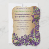 Gold Lila Green Vintag Peacock Paisley Wedding Einladung (Vorderseite)