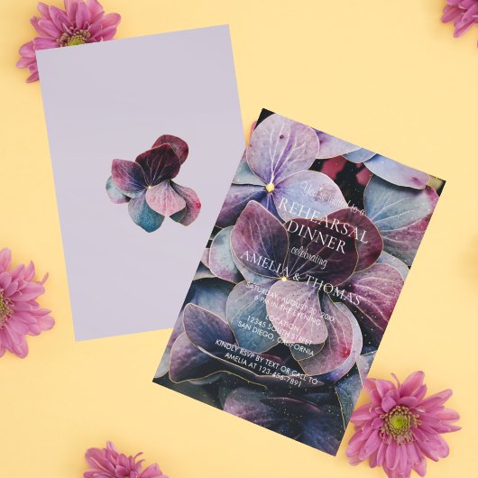 Gold Lila Hydrangeas Hochzeitsessen Probe Einladung