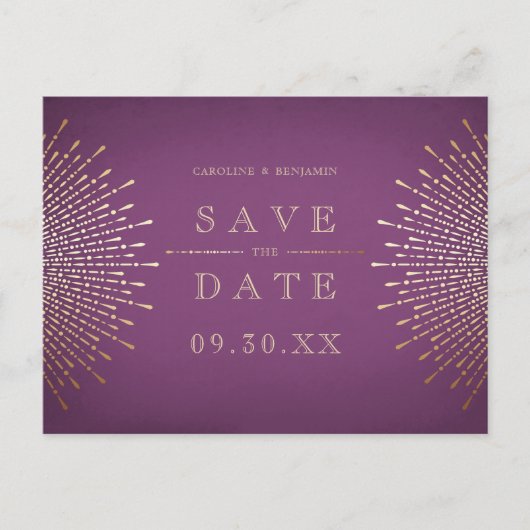 Gold lila Kunst Deko Jahrgangshochzeit Save the Da Ankündigungspostkarte (Vorderseite)