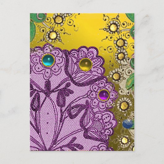 GOLD LILA LACE BLUME UND FARBHAFTE GEMSTONEN POSTKARTE (Vorderseite)