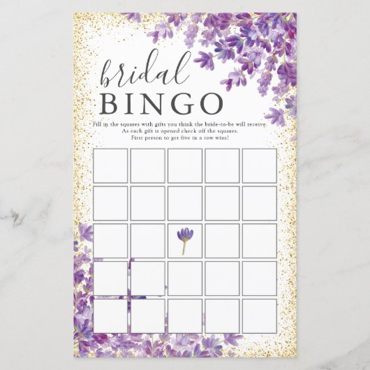 Gold Lila Lavenders Brautparty Bingo Game (Vorderseite)