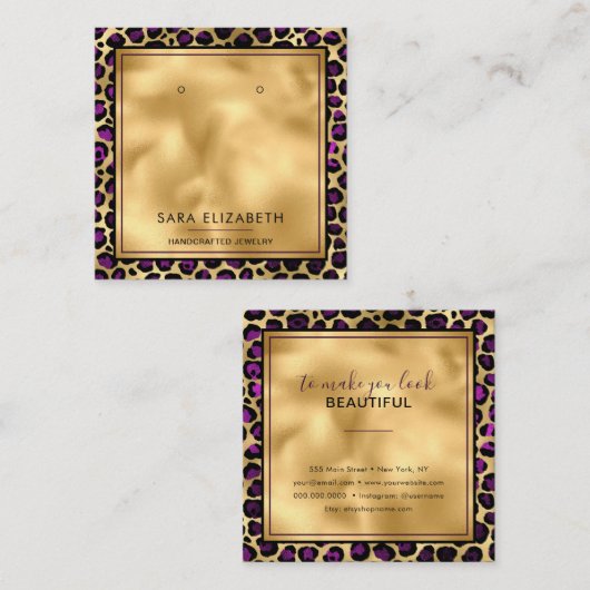Gold Lila Leopard Print Earring Display Card Quadratische Visitenkarte (Vorne/Hinten)