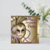 Gold Lila Mardi Gras Beads Masquerade Party Einladung (Stehend Vorderseite)