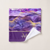 Gold & Lila Marmormatte & Monogram Luxus Badhandtuch Set (Waschlappen)