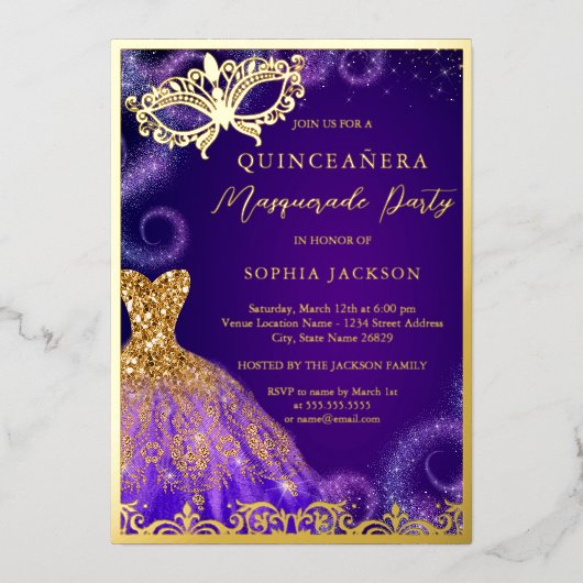 Gold Lila Masquerade Party Dress Quinceanera Foi Folieneinladung (Vorderseite)
