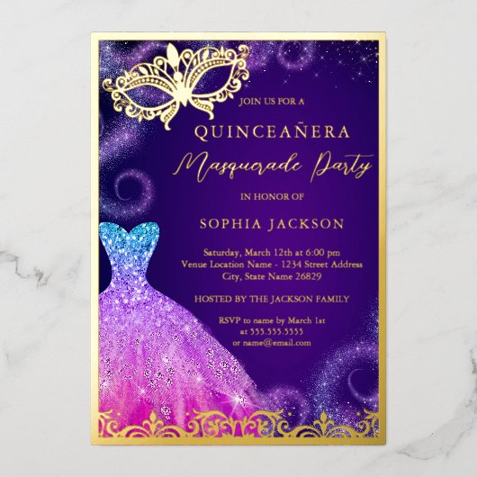 Gold Lila Masquerade Party Dress Quinceanera Foi Folieneinladung (Vorderseite)