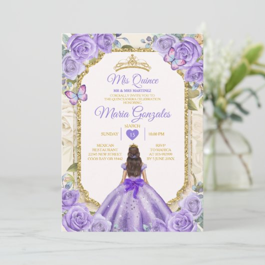 Gold Lila Mis Quince Lavender 15 Anos Crown Einladung (Stehend Vorderseite)