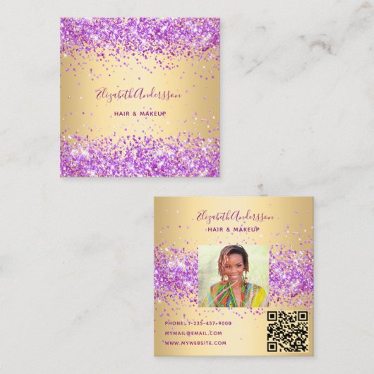 Gold lila rosa Profil Foto qr Quadratische Visitenkarte (Vorne/Hinten)