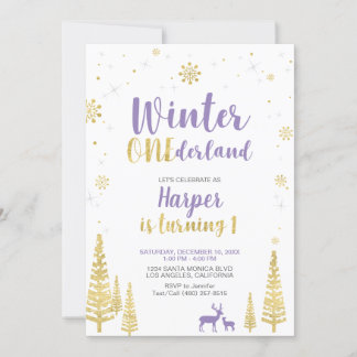 Gold & Lila, Winter Girl 1. Geburtstag Einladung