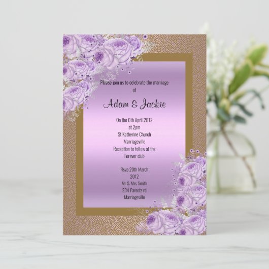 Gold Lilac Lila Elegante Hochzeitsstimmung Verlobu Einladung (Stehend Vorderseite)