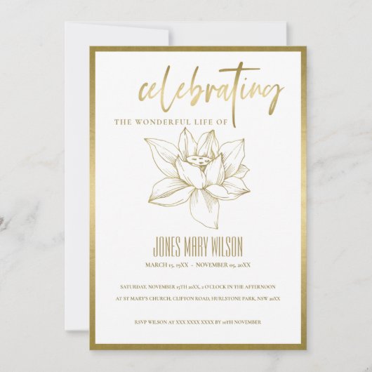 GOLD LILY FLEBRATING LIFE MEMORIAL SERVICE INVITE DANKESKARTE (Vorderseite)
