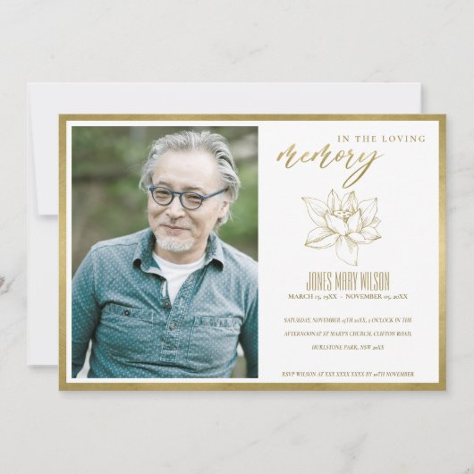 GOLD LILY FOTO BEILEID MEMORIAL SERVICE INVITE DANKESKARTE (Vorderseite)