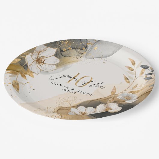 Gold Line Floral 10th Anniversary ID1169 Pappteller (Schrägansicht)