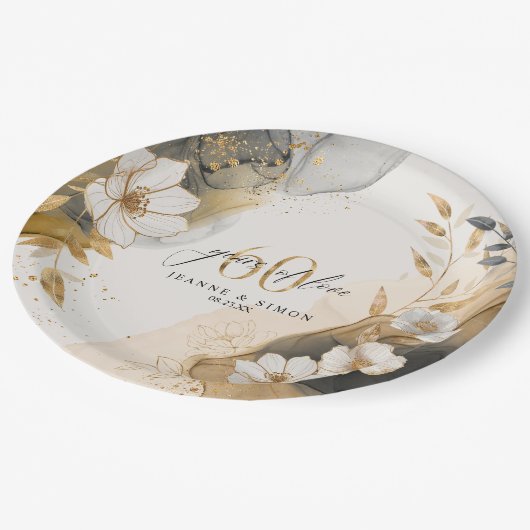 Gold Line Floral 60th Anniversary ID1169 Pappteller (Schrägansicht)