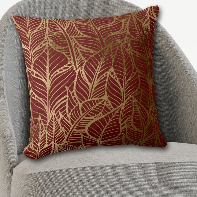 Gold Line Leaf Muster auf Maroon Red Throw Kissen (Von Creator hochgeladen)