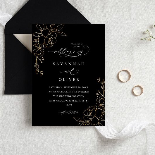 Gold-Lined Bloral Black Wedding Einladungen